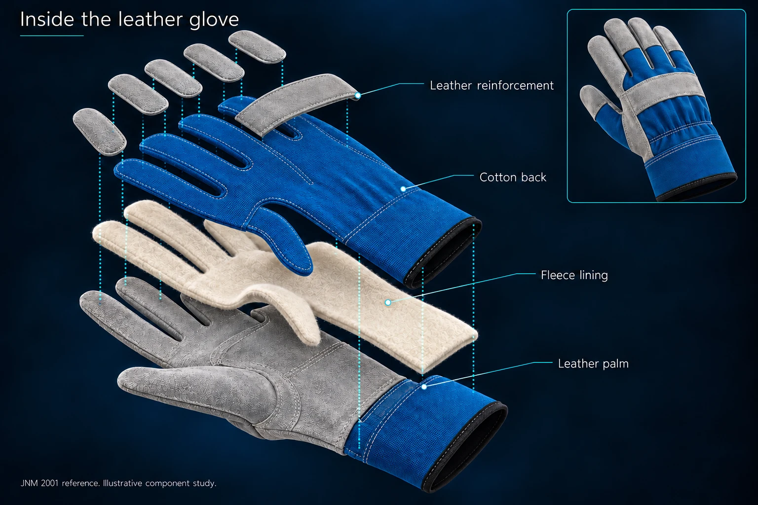 Leather work glove illustrated with aligned exploded component layers