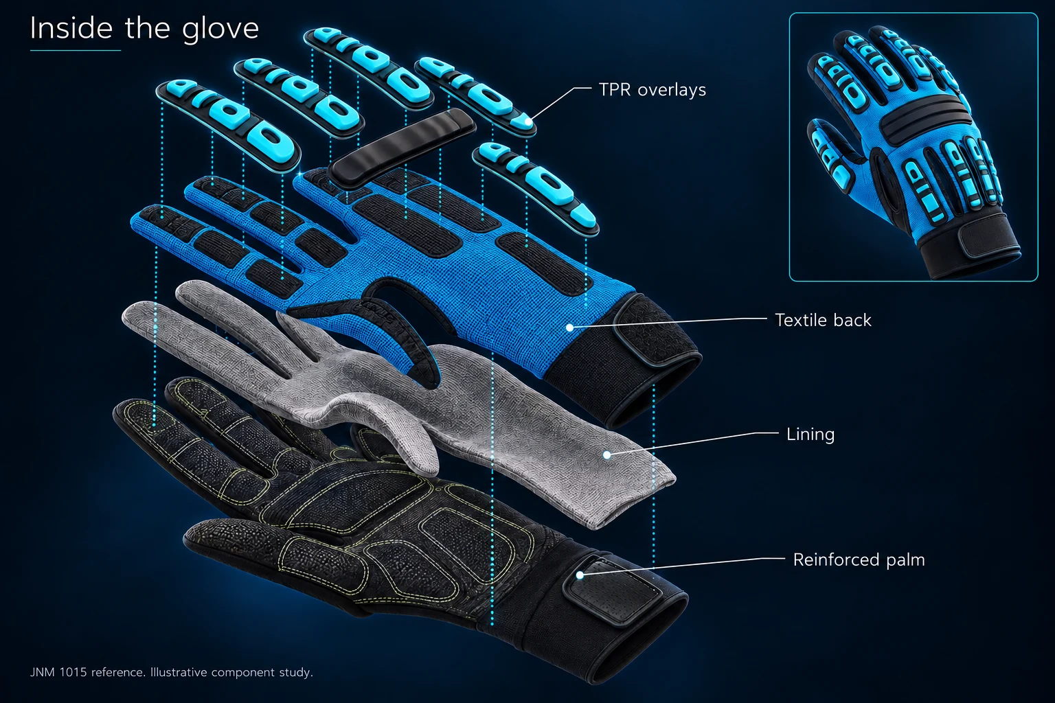 Synthetic glove with TPR illustrated with aligned exploded component layers